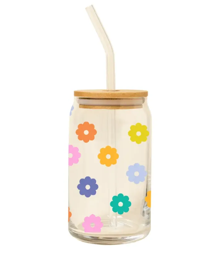 Glass Can with Lid   Straw - Daisy