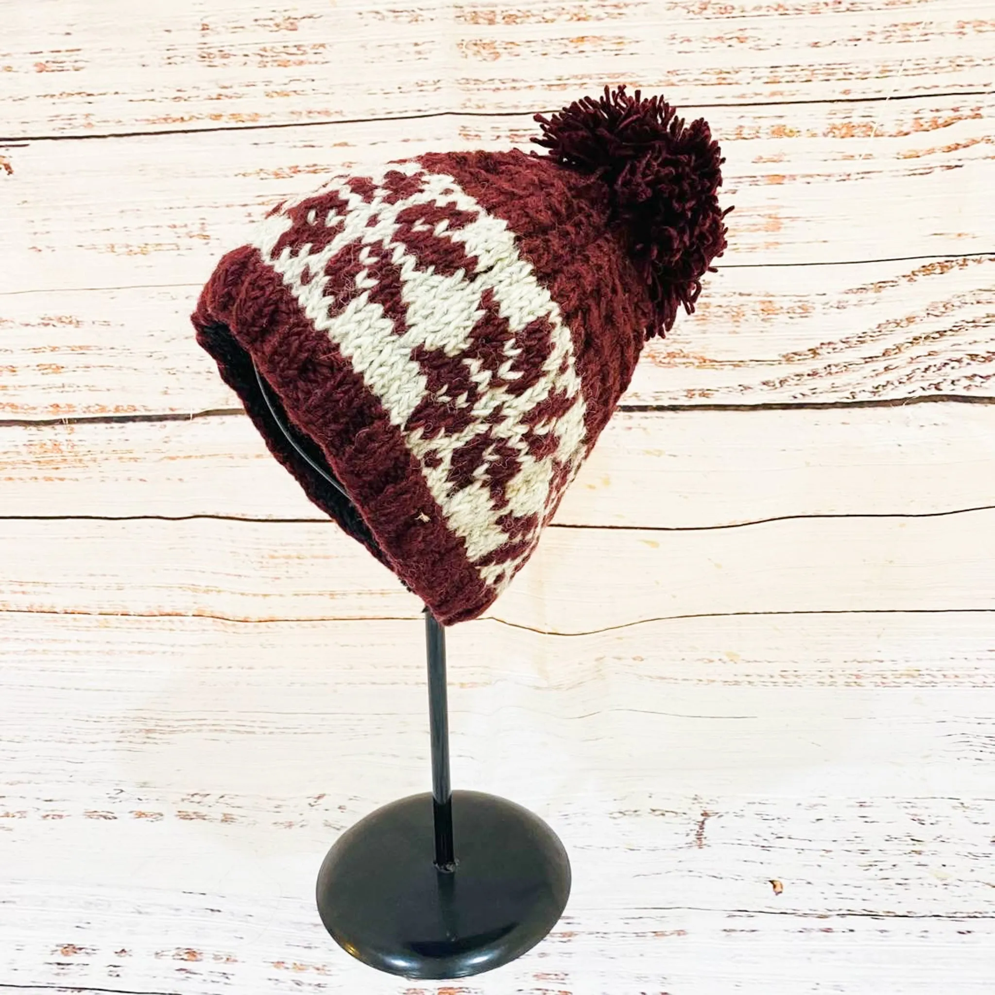 Hand Knit Wool Pom Pom  Winter Hat