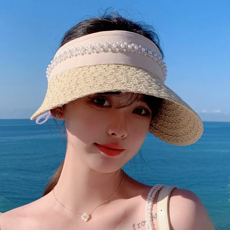 High Quality Handmade Pearl Welt Large Rim Straw Hat