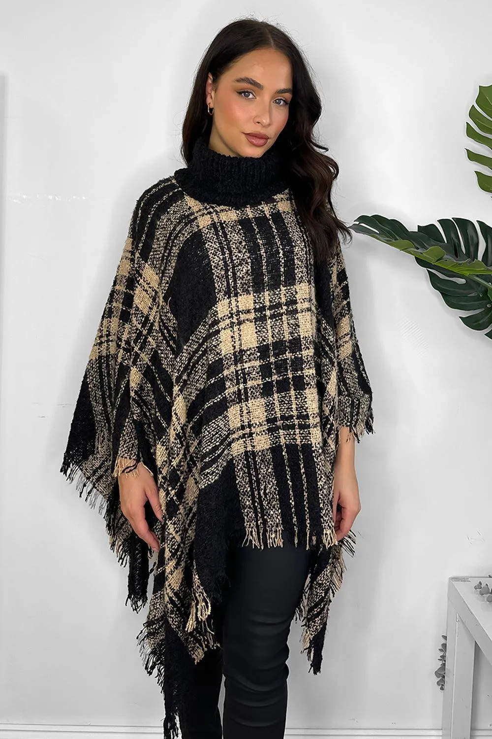 Knitted Large Collar Checked Knitted Poncho