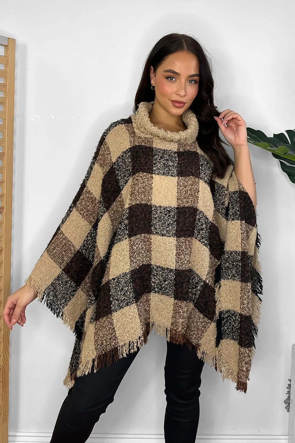 Knitted Large Collar Checked Knitted Poncho