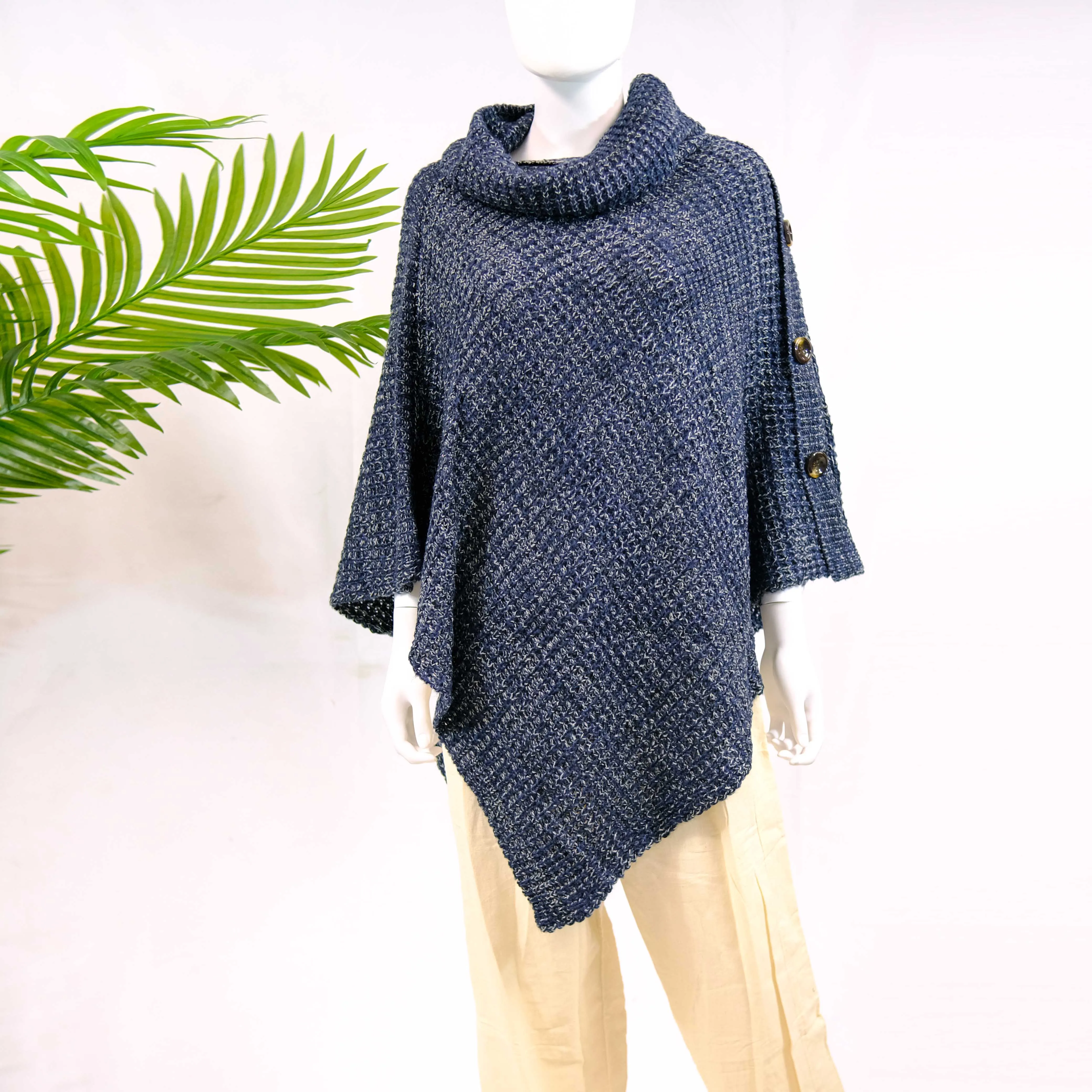 Knitted Turtle Neck Side Button Two Way Winter Poncho/Wrap