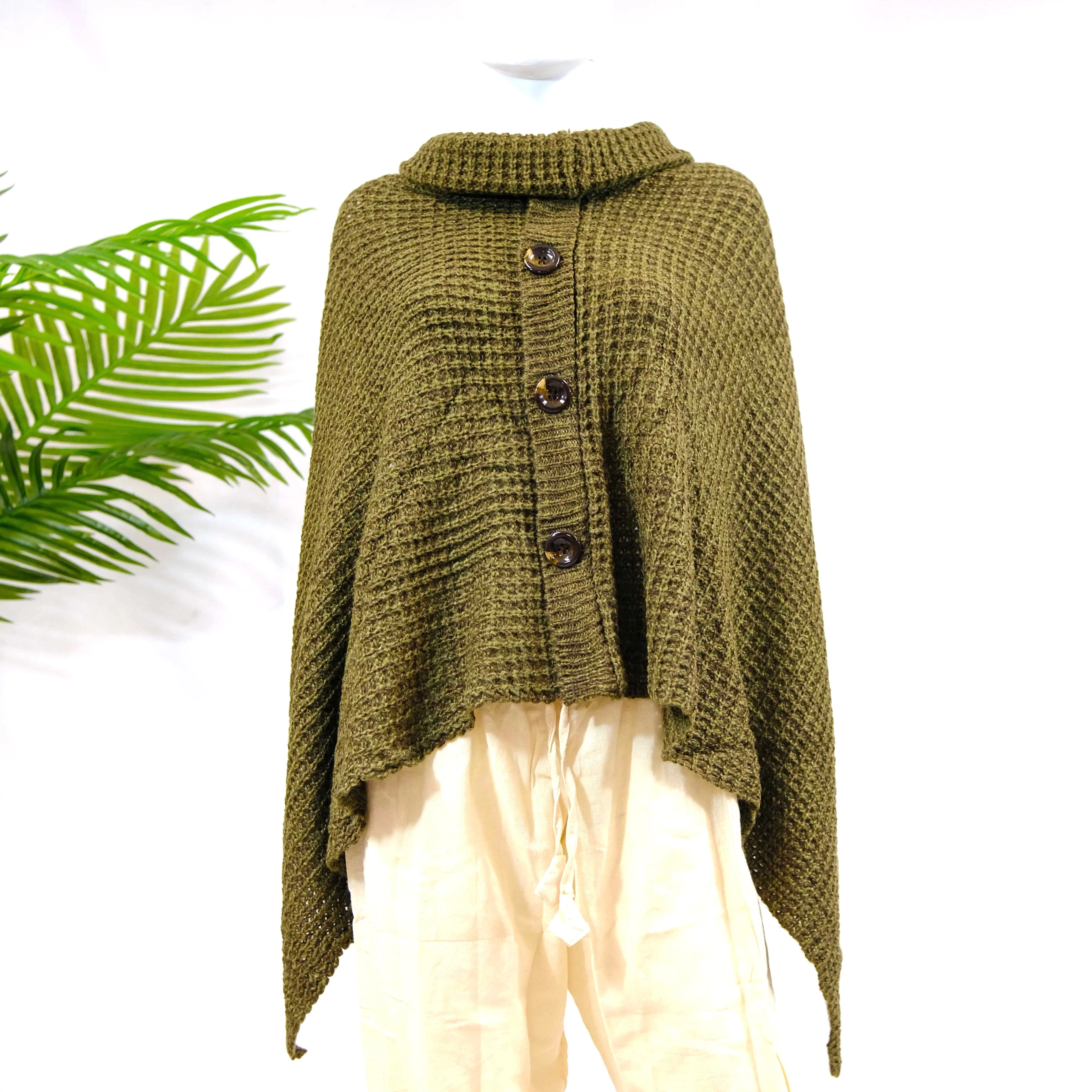 Knitted Turtle Neck Side Button Two Way Winter Poncho/Wrap