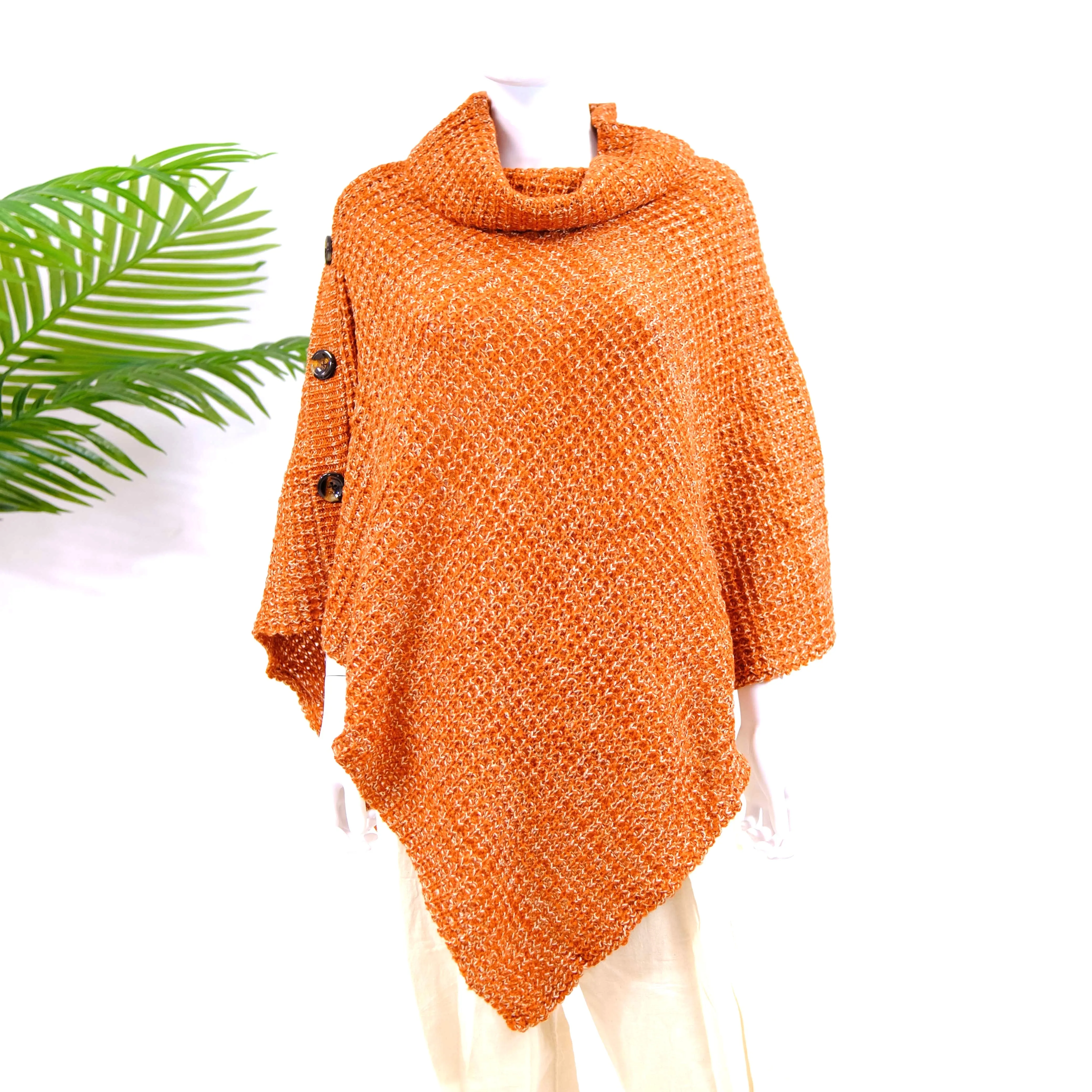 Knitted Turtle Neck Side Button Two Way Winter Poncho/Wrap