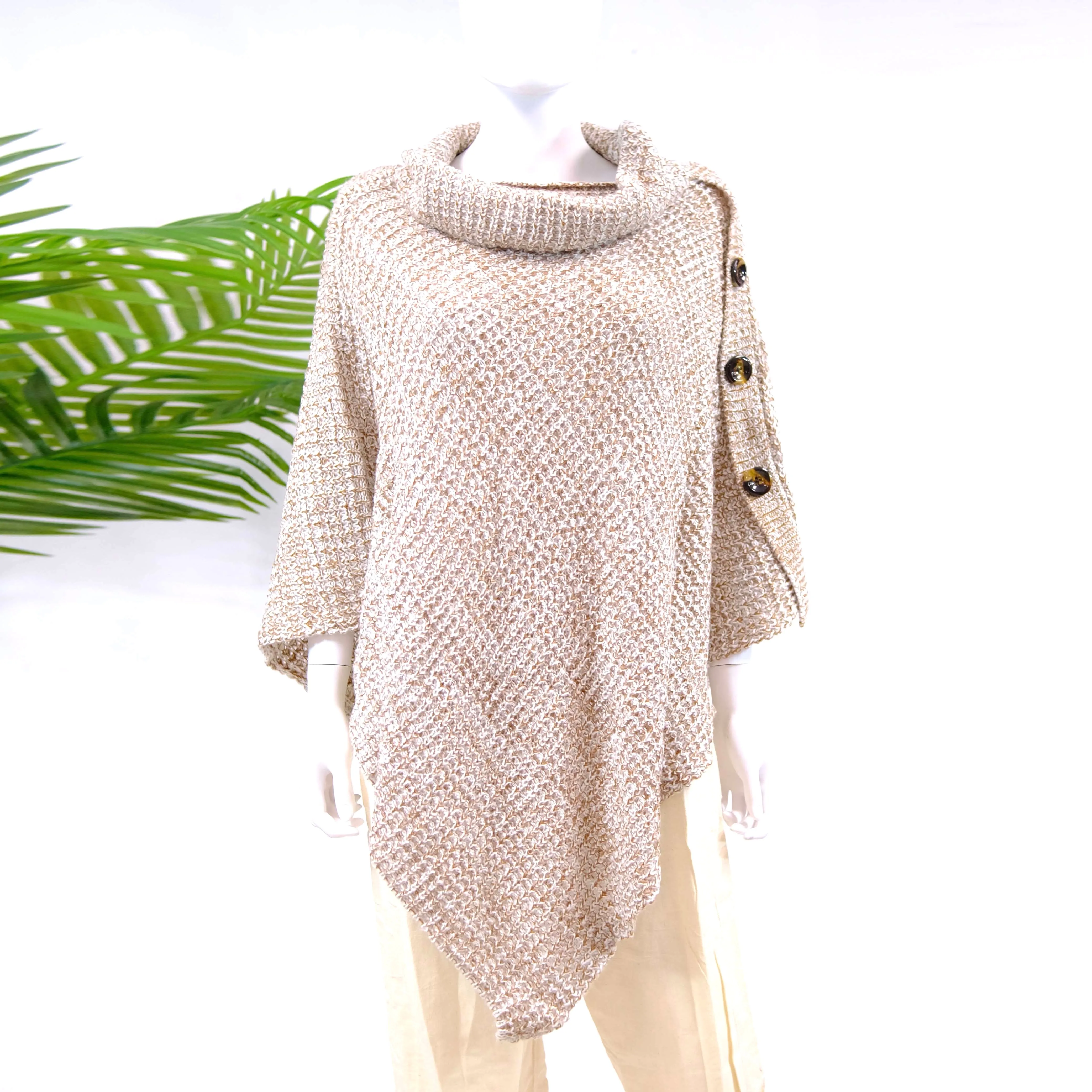 Knitted Turtle Neck Side Button Two Way Winter Poncho/Wrap