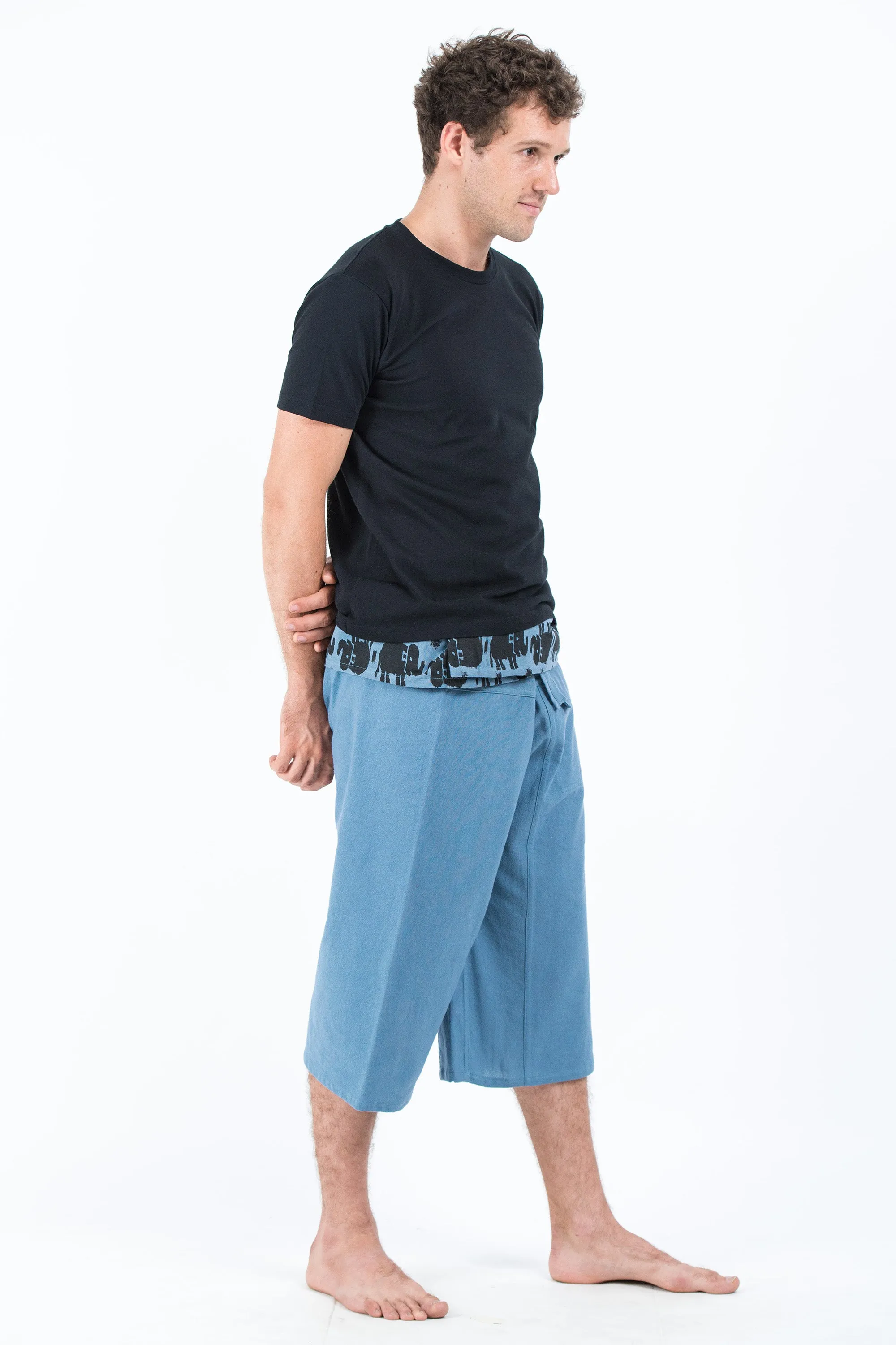 Men's Cropped Fisherman Pants with Pattern Waist Band in Baby Blue