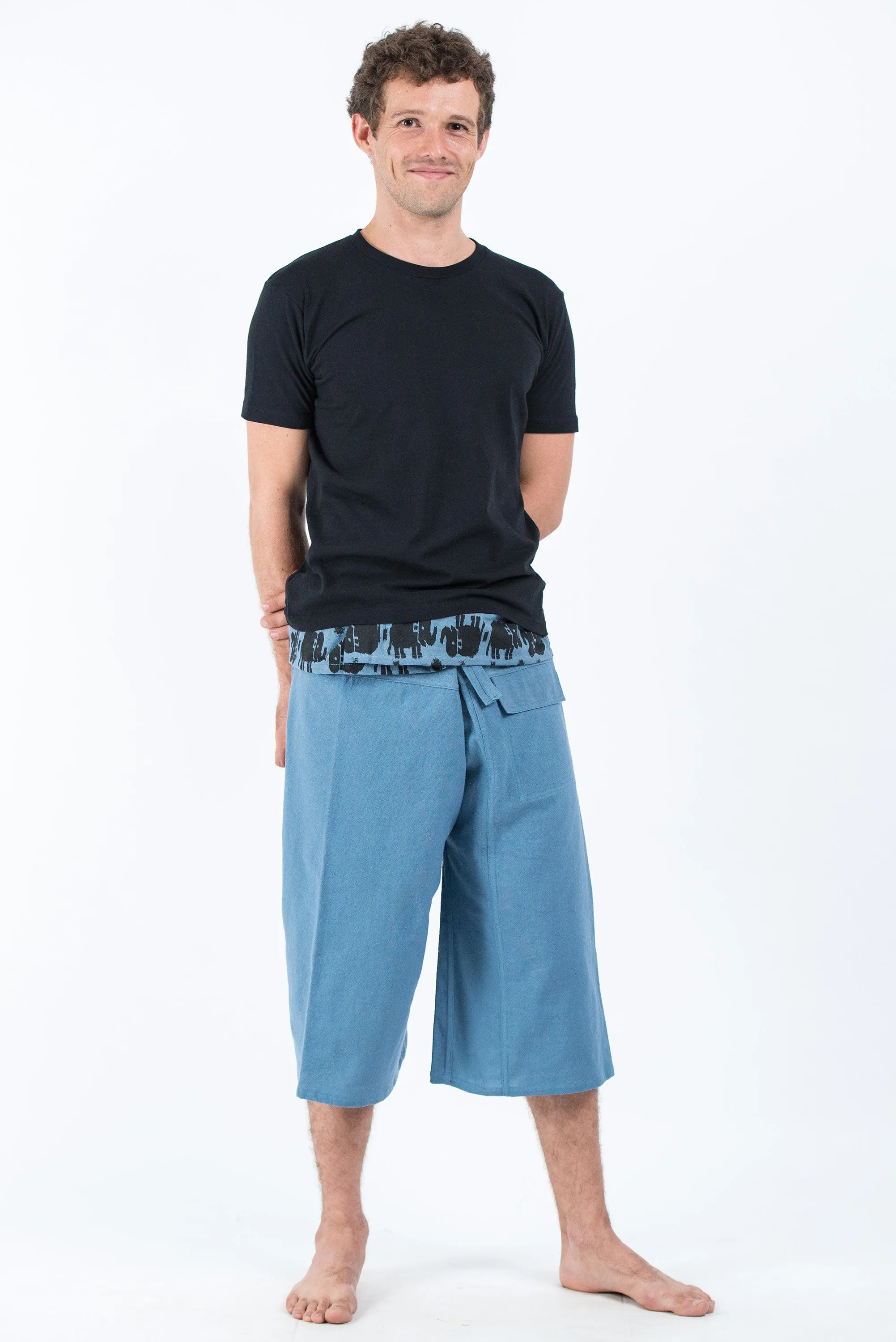 Men's Cropped Fisherman Pants with Pattern Waist Band in Baby Blue