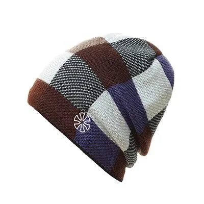 Multicolored Checkered Embroidered Knit Winter Hat, Beanie or Bonnet