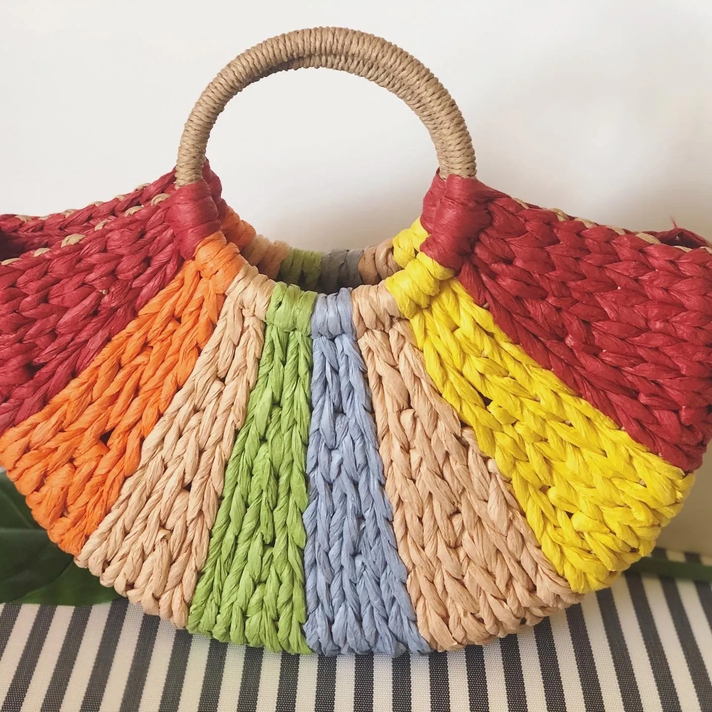 Rainbow Crescent Straw Tote