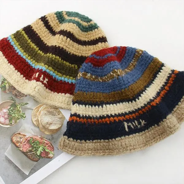 Retro Fashion Rainbow Gradient Stripe Knitted Bucket Hat 81565644S