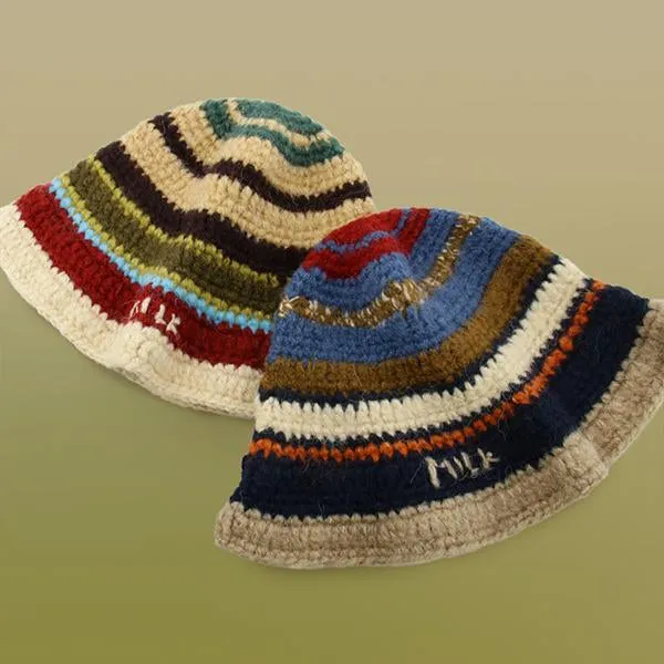 Retro Fashion Rainbow Gradient Stripe Knitted Bucket Hat 81565644S