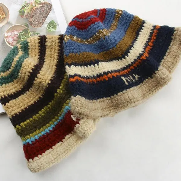 Retro Fashion Rainbow Gradient Stripe Knitted Bucket Hat 81565644S