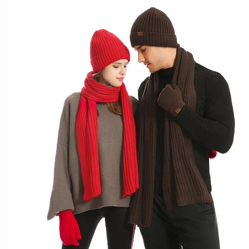 Solid Color Woolen Hat Scarf Gloves Three-Piece Set