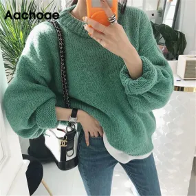 Sweater Women 2020 Autumn Winter Fashion Solid O Neck Pullover