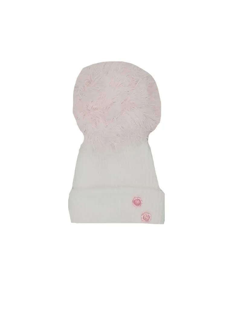 White and Pink Knitted Pom Pom Hat