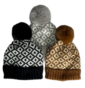 Winter Knit Hat with faux fur Pom Pom  * grey, black, congac available